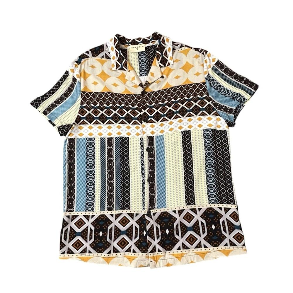 YoungLA Shirt Tribal Mens Size S All Over Print Button Up Colorblock Brown Gold